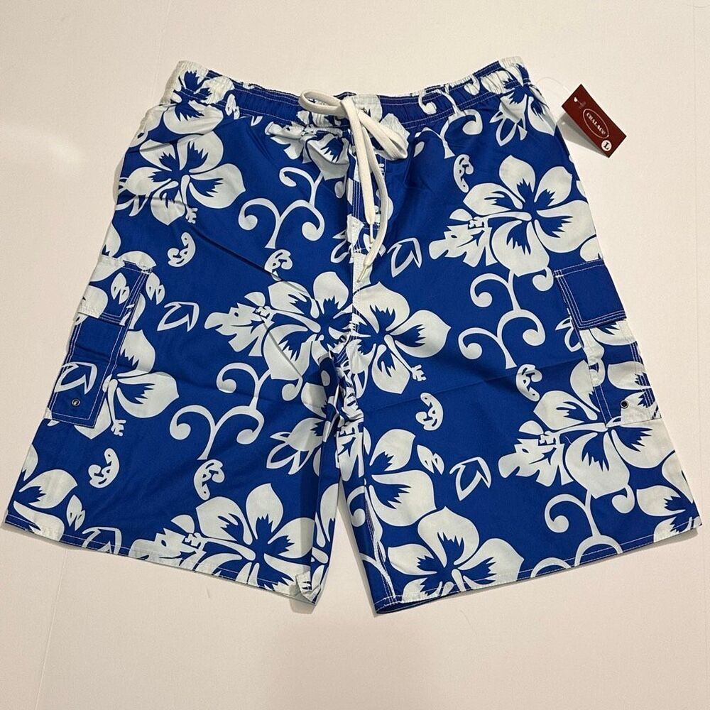 Chalaco Hibiscus Floral Swim Trunks Blue and White | Men Size Large